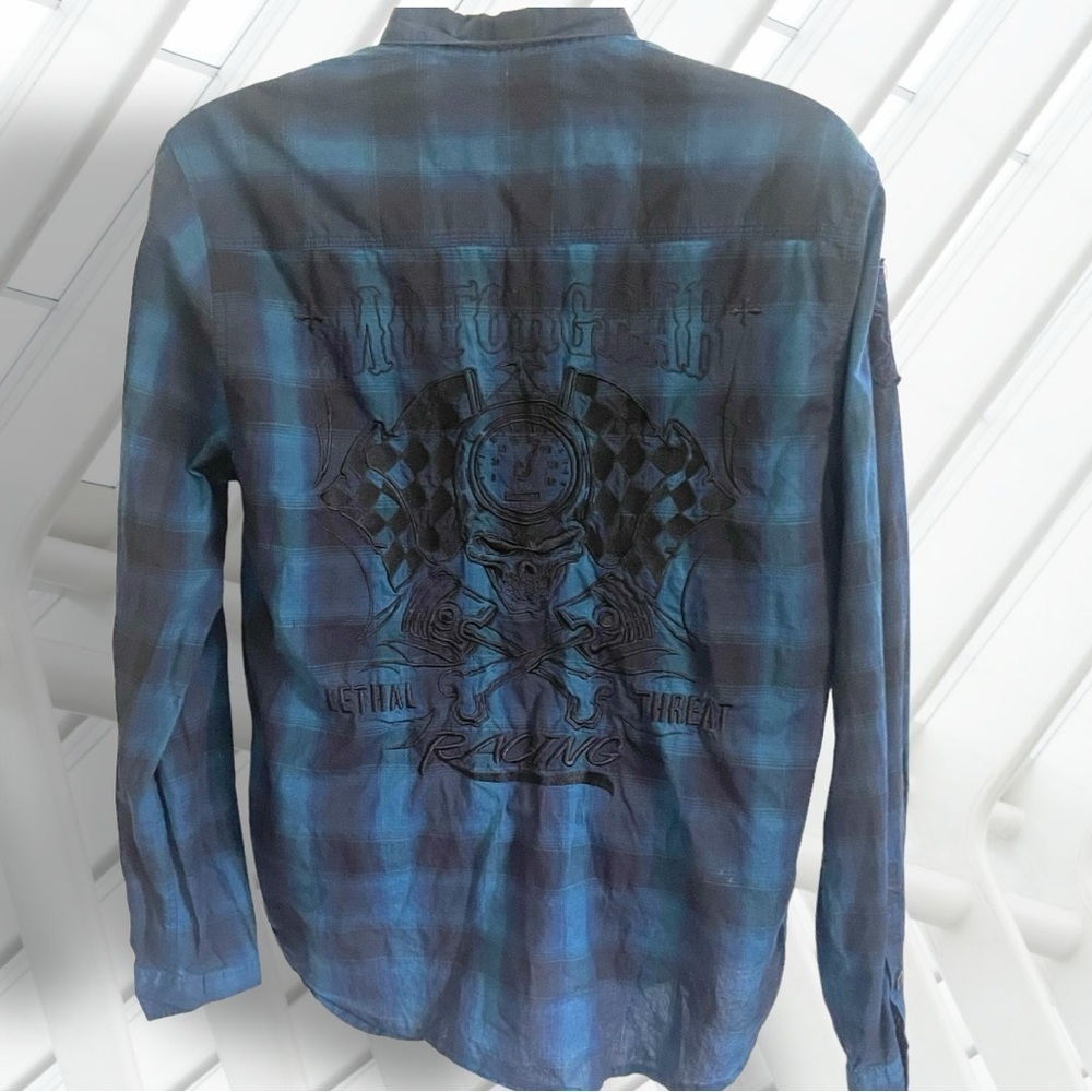 Lethal Threat Motorgear Death Row Button Black Blue Shirt Size Large - Picture 13 of 16